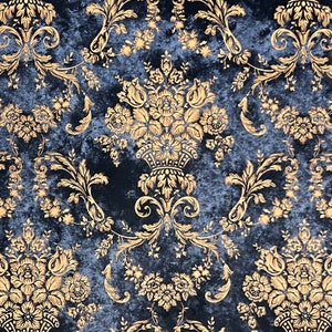 Royal Blue Damask Velvet Finish Digital Print Furnishing Fabric for Curtains Upholstery Sofa Cushion Chair Craft - fabric by the yard/metre