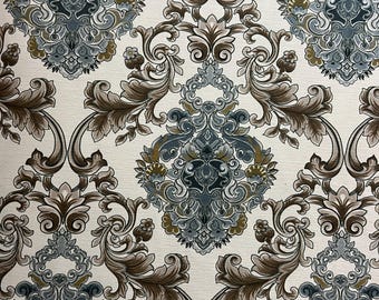 Tessuto in velluto damascato color tortora, medaglione barocco decorato, materiale per tappezzeria