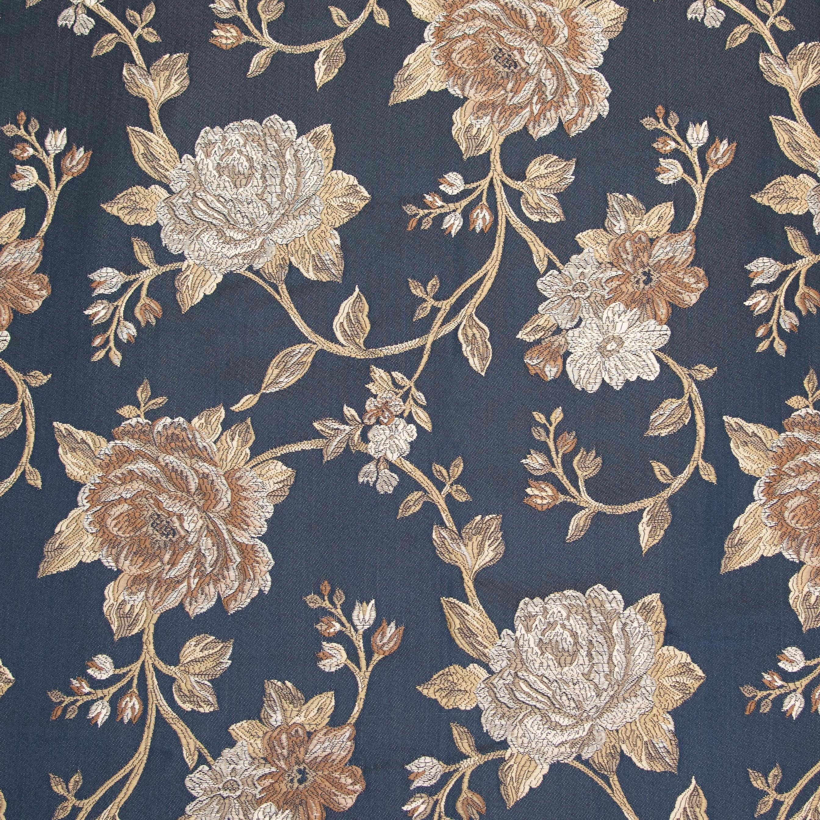 Tissu D'ameublement Damas Bleu Motif Floral Riche - 100% Polyester Et Acrylique - Largeur 140cm