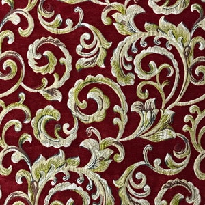 Red Floral Vine Scroll Design Luxurious Chenille Jacquard Fabric for Upholstery, Sofa, Chair and Craft - fabric by the meter / yard