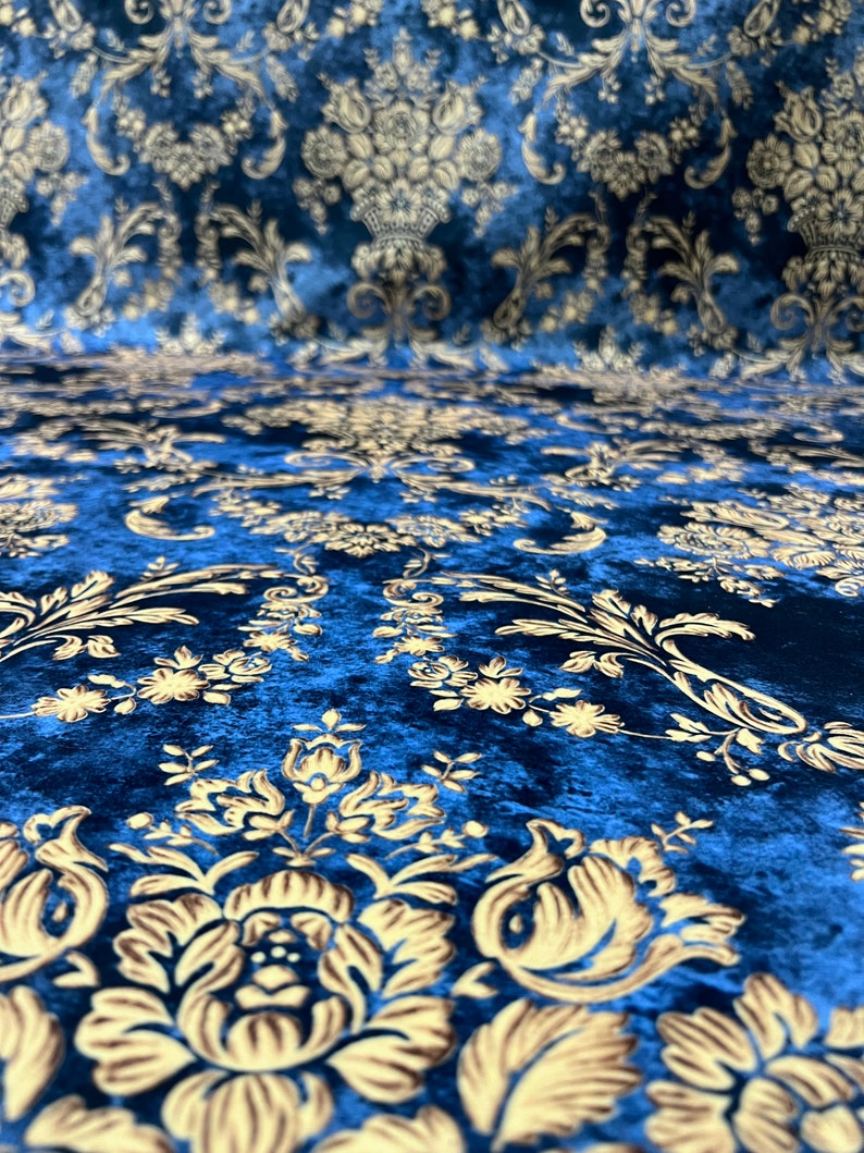 Royal Blue Damask Velvet Finish Digital Print Furnishing Etsy