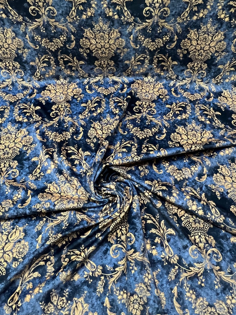 Royal Blue Damask Velvet Finish Digital Print Furnishing Etsy