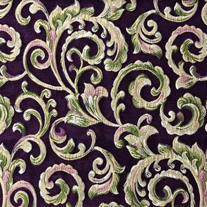 Tessuto jacquard di ciniglia di lusso con motivo floreale viola a volute per tappezzeria, divano, sedia e artigianato - tessuto al metro/iarda