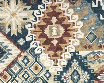 Blauwgroen Azteekse geometrische microvezel fluwelen bekleding en draperiestof op maat gesneden - Boho Sofa Curtains