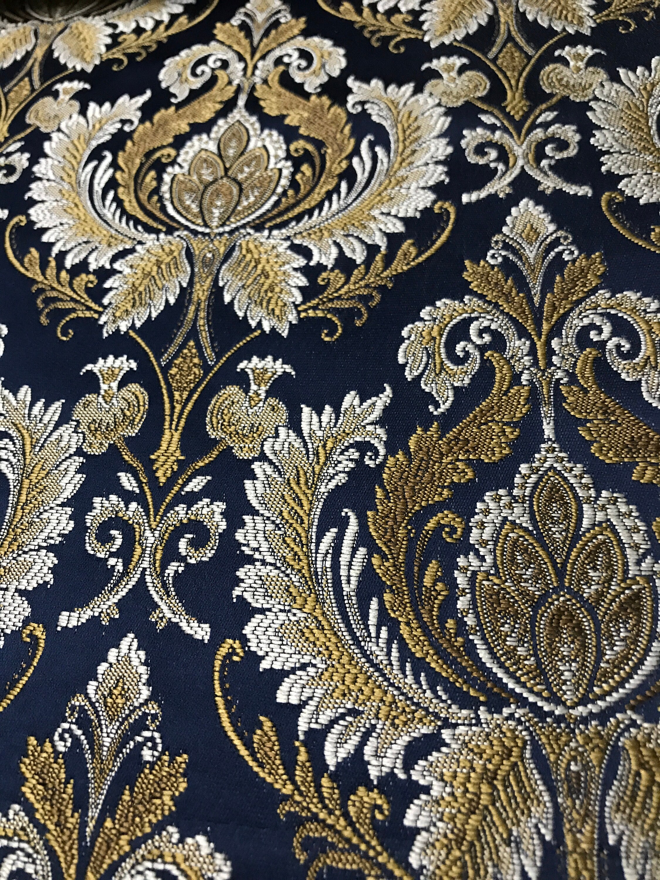 Luxurious Jacquard Material Navy Blue Color Damask Design Etsy UK