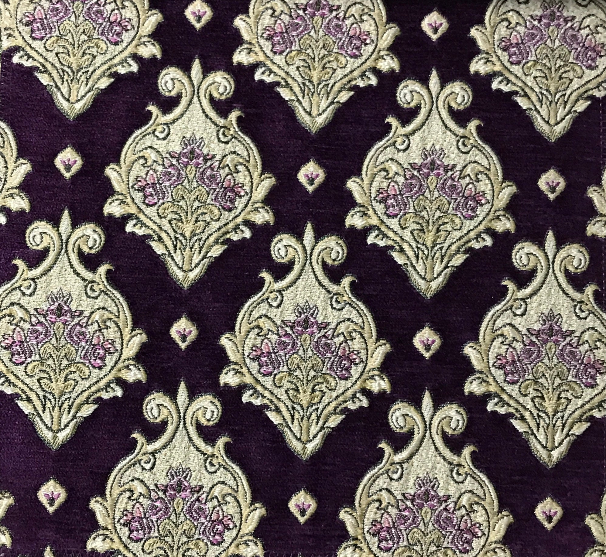 Purple Damask Motif Design Luxurious Chenille Jacquard Fabric Etsy