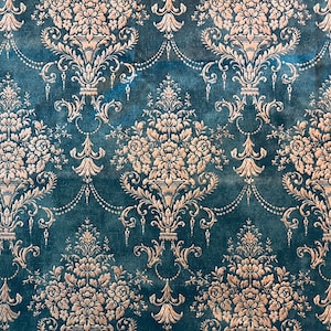 May include: A vintage wallpaper with a repeating pattern of gold floral designs on a dark blue background.