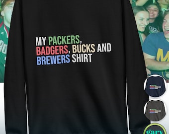 Green Bay Packers, Dachse, Milwaukee Bucks and Brewers Crew Neck Sweatshirt, Geschenk ultimative Wisconsin Sportfan, Fußball Geschenkidee