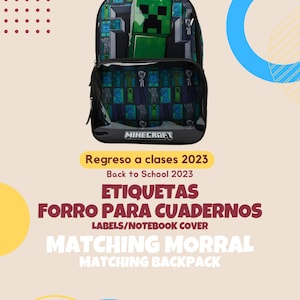 May include: A black and green Minecraft backpack with a clear front pocket showing a repeating pattern of Minecraft characters. The backpack has the words "Minecraft" and "Regreso a clases 2023" printed on it. The text "Back to School 2023" is also printed on the backpack. The backpack is surrounded by colorful circles.
