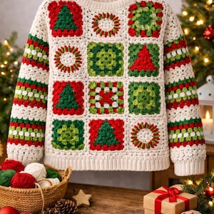 May include: Cream-colored, crocheted Christmas sweater with red and green squares featuring Christmas trees and circular designs. The sleeves have red, green, and white stripes. The sweater is displayed on a wooden hanger.
