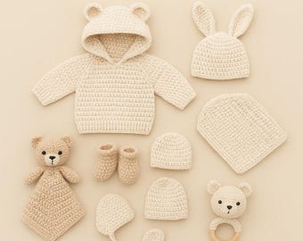 Baby Crochet Pattern Bundle PDF – 8 Easy Newborn Patterns – Hats Booties Blanket Toys – Instant Download