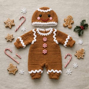 Pode incluir: Um conjunto de bebé em croché castanho com tema de pão de gengibre, composto por um macacão de manga comprida e um gorro a condizer. O macacão apresenta acabamentos ondulados brancos, três botões de menta e o gorro tem uma cara sorridente.
