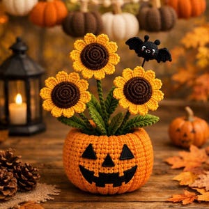 May include: A crocheted orange jack-o'-lantern pot containing three yellow sunflowers with dark brown centres and green leaves, accompanied by a small black crocheted bat on a stem, all crafted with yarn in a detailed, textured stitch pattern.
