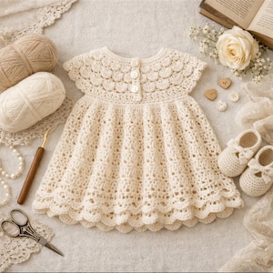 May include: A cream-colored crocheted dress with a scalloped yoke and hem, featuring three white buttons at the back neckline. The dress is accompanied by a pair of matching crocheted booties with bows, yarn balls, a crochet hook, and scissors.