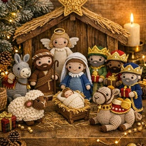 May include: A handcrafted crochet nativity scene featuring figures of Mary, Joseph, baby Jesus, angels, wise men, and animals. The scene is set in a wooden stable with a star, lit by a candle and fairy lights, creating a festive holiday display.