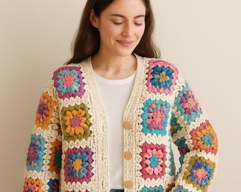 Crochet Granny Square Cardigan Pattern | Beginner-Friendly Boho Sweater (PDF)