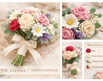 Patrón de ramo de novia a crochet: Rosa, peonía y margarita (Descarga PDF)
