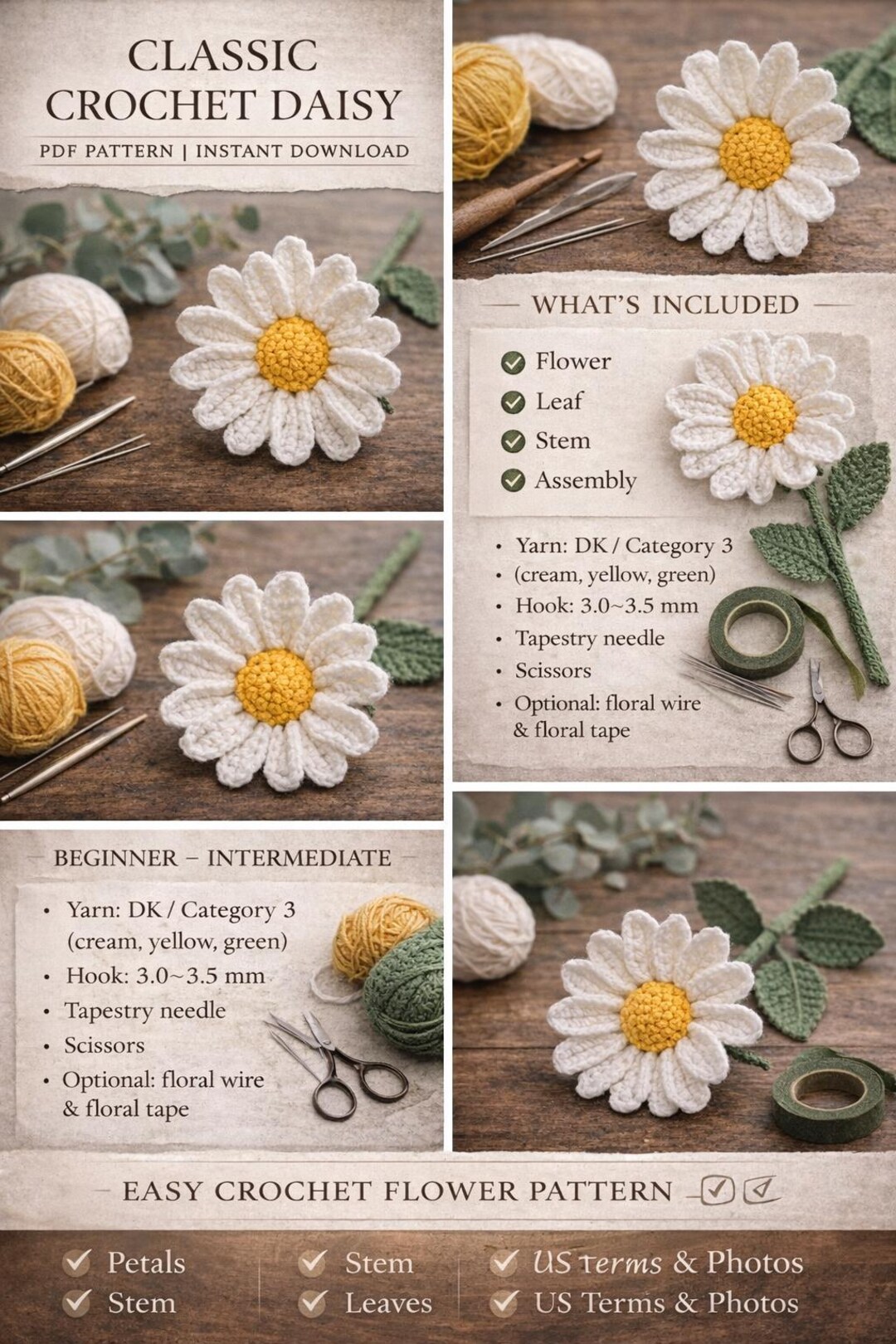 Crochet Daisy Flower Pattern | Single Crochet Flower With Stem & Leaves ...