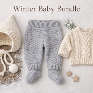May include: A winter baby bundle featuring a cream-colored knit hat with pom-poms, gray knit pants, and a cream-colored cable-knit sweater. The words "Winter Baby Bundle" are at the top of the image. The items are arranged on a snowy surface.