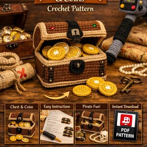 Op de afbeelding: Een haakpatroon voor een schatkist en munten. De bruine kist is open en gevuld met gouden munten. De afbeelding bevat een gehaakte metaaldetector, een sleutel en de tekst "Treasure Chest & Coins Crochet Pattern."
