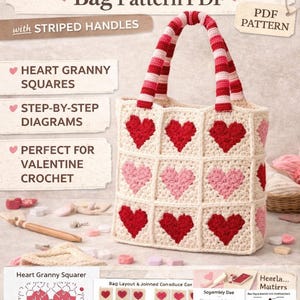 Puede incluir: Un patrón PDF de bolso de ganchillo con temática de San Valentín. El bolso presenta cuadrados de abuela de corazón rojos y rosas y asas a rayas. El texto de la imagen dice "Valentine's Heart Granny Square Crochet Bag Pattern PDF".