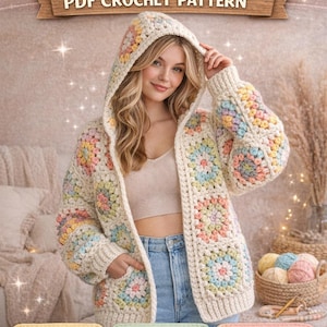 Puede incluir: Un cárdigan con capucha de color crema con detalles de cuadrados de la abuela. El patrón de ganchillo es apto para principiantes y está disponible como descarga digital. El texto de la imagen dice "Granny Pop Hooded Cardigan" y "PDF Crochet Pattern".