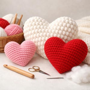 Pode incluir: Corações de crochê feitos à mão em vários tamanhos e cores, incluindo rosa, vermelho e branco. Uma agulha de crochê de madeira, tesoura e fio também estão presentes, sugerindo um tema artesanal. Os corações são provavelmente usados para decoração ou presentes.