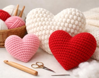 Puede incluir: Corazones de ganchillo hechos a mano en varios tamaños y colores, incluyendo rosa, rojo y blanco. También hay un ganchillo de madera, tijeras e hilo, lo que sugiere un tema artesanal. Los corazones probablemente se utilizan para decoración o regalos.