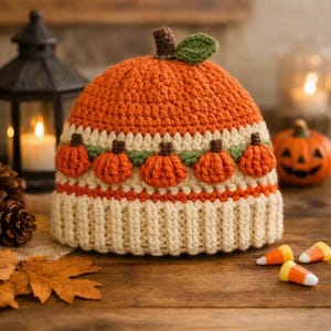 May include: A crocheted beanie featuring a vibrant orange pumpkin design with a brown stem and green leaf on top. The hat includes a cream-colored ribbed brim and a decorative band of small, raised orange pumpkins on a green vine pattern.