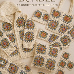 May include: A selection of cream-coloured crocheted items, including a hooded jacket, hat, tote bag, cushion, and coasters, all featuring colourful square patterns. The image includes the text "GRANNY POP BUNDLE" and "7 CROCHET PATTERNS INCLUDED".