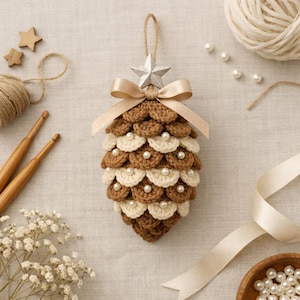 May include: A crocheted pinecone ornament featuring alternating rows of brown and cream-coloured yarn scales, each accented with a small white bead. The ornament is topped with a beige satin ribbon bow and a silver star, with a hanging loop.