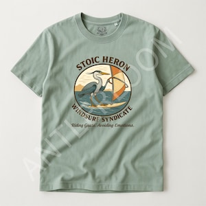 Stoic Heron Windsurf Graphic T-Shirt – “Riding Gusts, Avoiding Emotions” | Organic 180gsm Unisex Tee | Windsurfing Windsurfer Gift