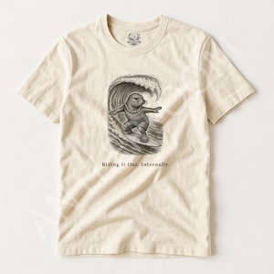 Funny Surfing T-Shirt • Seal Surfer • Vintage Engraved Art • Organic Cotton Tee • Surfer Gift • Beach Humour • Unisex Mens Women&#39;s Ladies