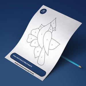 May include: A black and white line art colouring page of a stylised flower with numbered sections. The text below the image reads "Colours: Red (1) Green (2) White (3) Black (4)".