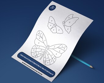 May include: A black and white coloring page with two butterflies. The butterflies are numbered with different colors listed below. The colors are brown, orange, black, blue, yellow, and light orange.