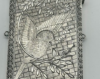 Aesthetic Movement Victorian Silverplate Card Case. Bird in Tree Motif. 19th C