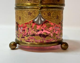 Bohemian Enameled Cranberry Glass Box. Ball Feet, Dome Top. 19th Century 3 1/4"