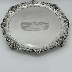 Footed Salver Tray. English Sterling Silver. London 1907. Engraved Landscape.