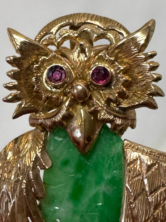 Chinese 14k Yellow Gold Owl Brooch Pin with Jade … - image 9