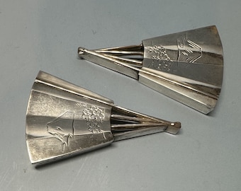 Pair Salt and Pepper Shakers. Japanese 950 Silver. Fan Shape. Mt. Fuji. Signed.