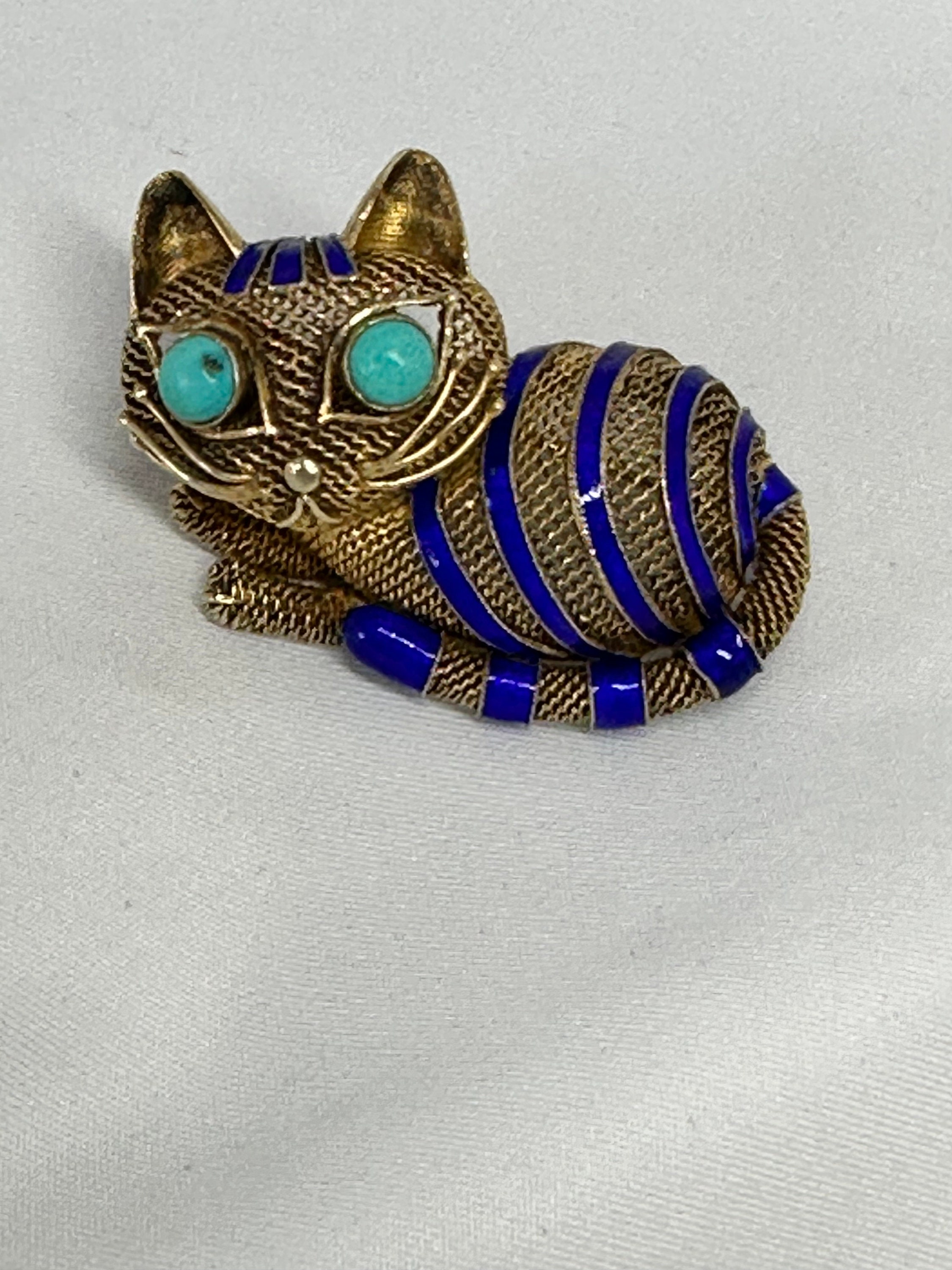Chinese Gilded Silver Cat Brooch With Enamel Stripes and