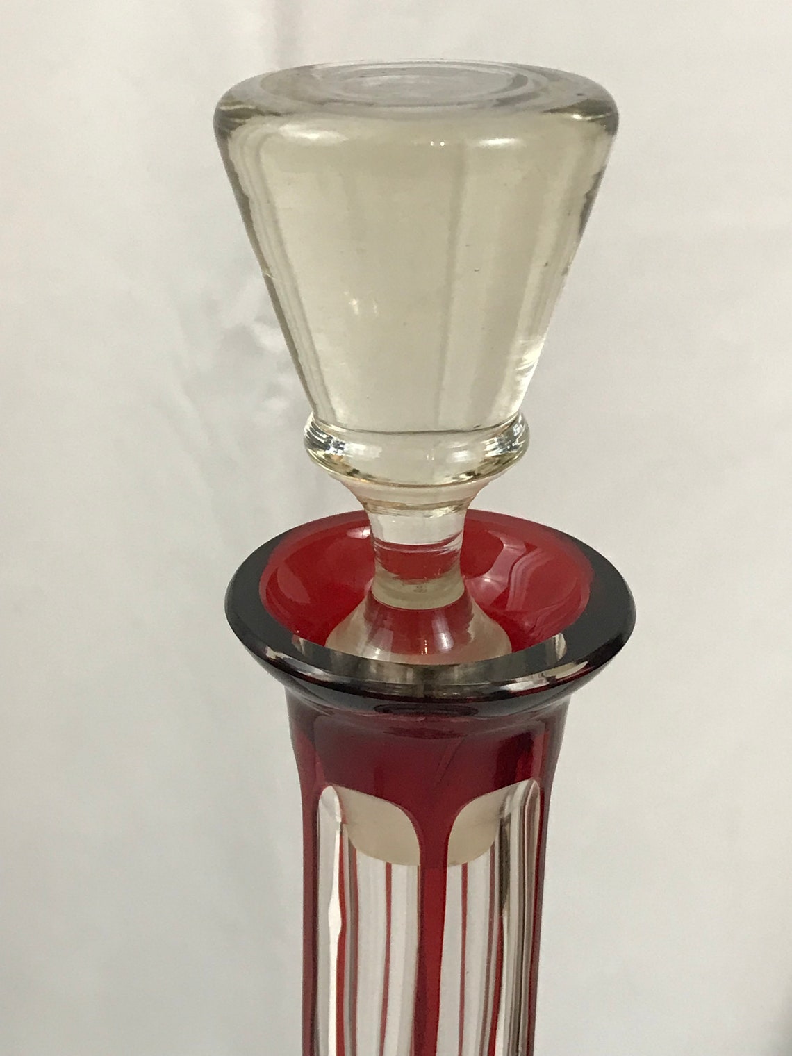 Decanter. Bohemian Glass. Cranberry Cut to Clear. Flowers and Leaves