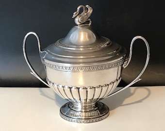 Covered Sugar Bowl. Italian 800 Silver. Swan Finials. Handles. 5&quot; Height