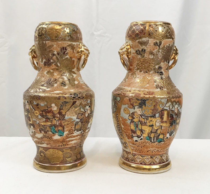 Pair of Japanese Satsuma Vases. Circa 1890. 8-1/2 Height image 1