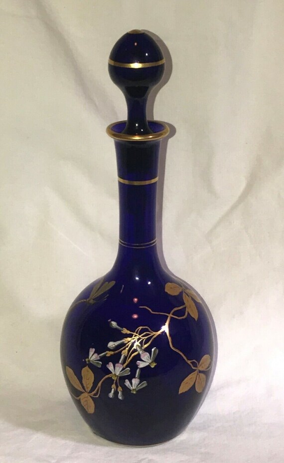 French Baccarat Cobalt Blue and Enameled Decanter.