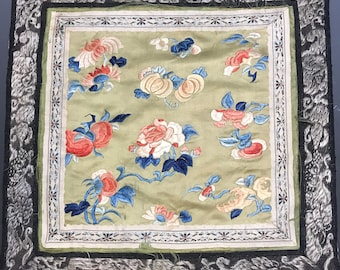 Chinese Embroidery. Green Ground with Flowers and Fruit. Qing. 11" x 11"