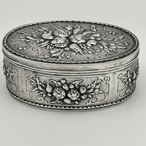 German 800 Silver Repousse Box. Fruits and Leaves. Circa 1890. 5 1/4&quot; x 3 1/2&quot;