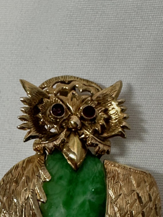 Chinese 14k Yellow Gold Owl Brooch Pin with Jade … - image 2