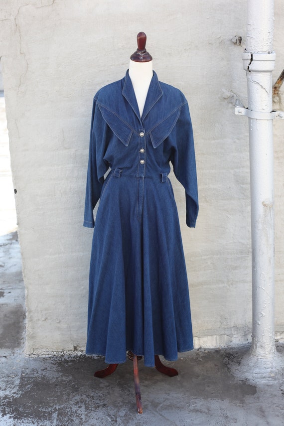 VINTAGE 1980s Denim Western Midi Dress - Size M
