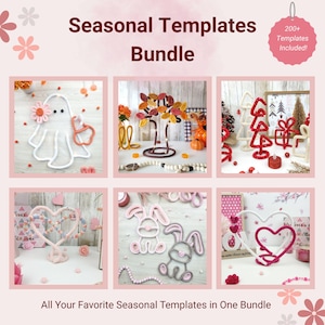 Op de afbeelding: Een digitaal pakket getiteld Seasonal Templates Bundle met 200+ Templates Included. Het toont zes afbeeldingen van draadkunst: een geest, een boom met herfstbladeren, kerstbomen, een oneindigheidshart, twee konijntjes en in elkaar grijpende harten.